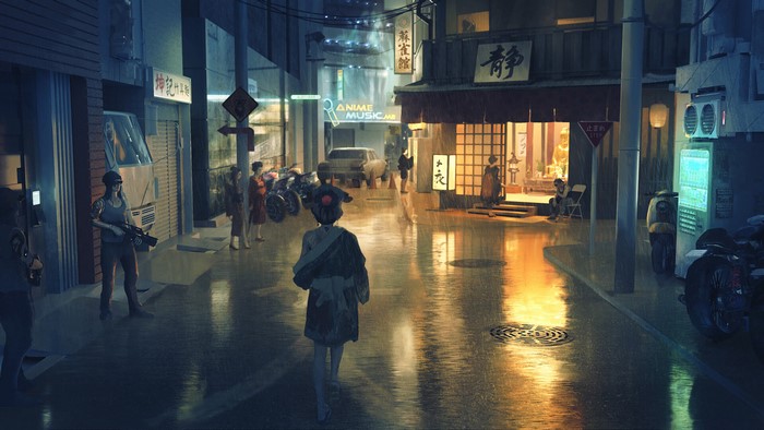 Night Street with Kimono Figure