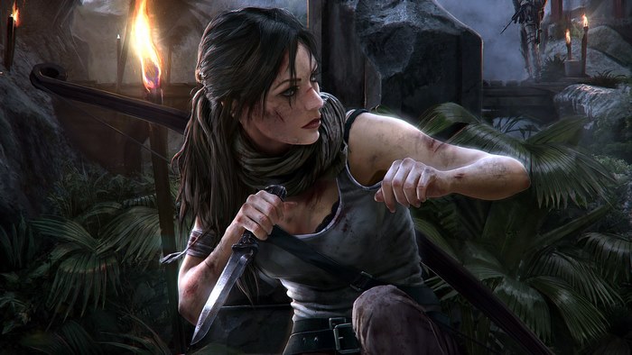 Lara Croft from Tomb Raider holding a knife