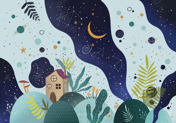 Whimsical Cosmic Landscape with House and Planets 4K