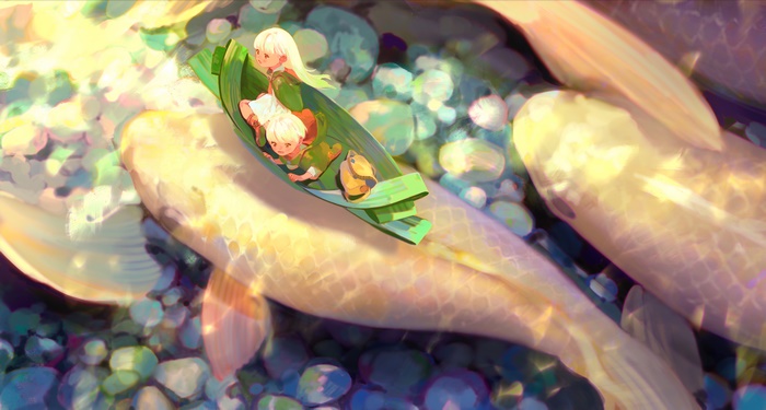 Fantasy Children on Koi Fish 4K