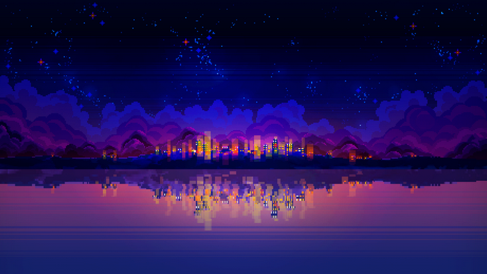 Pixelart Cityscape at Night with Reflections