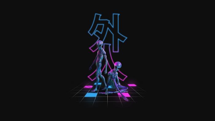 Sci Fi Aliens with Neon Symbol 4K