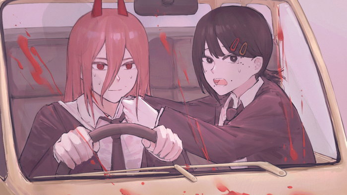 Power and Kobeni from Chainsaw Man in a car