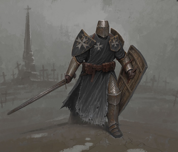 Fantasy Knight with Sword and Shield in Cemetery