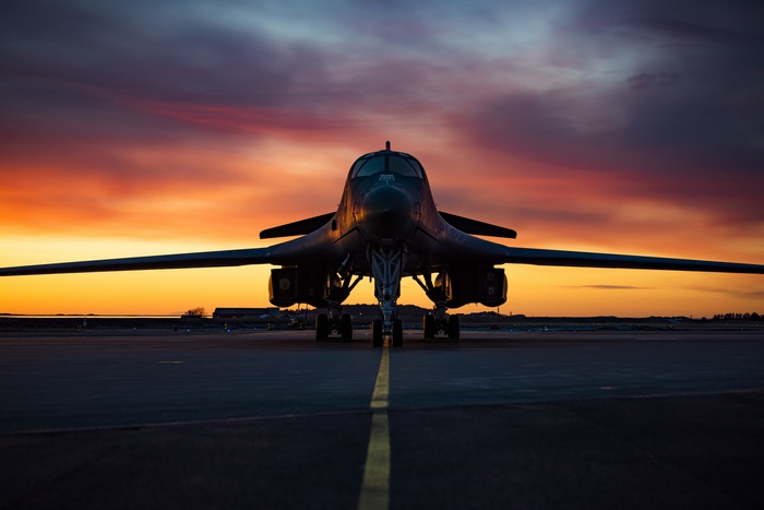 United States Air Force B-1 Lancer bomber at sunset