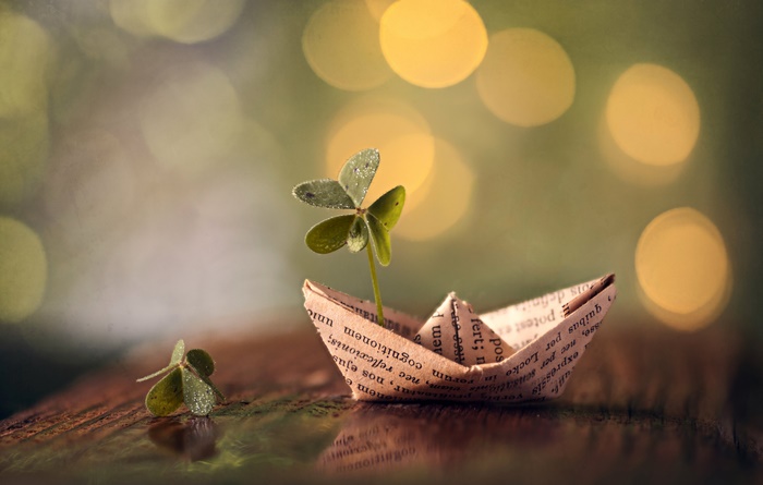 Origami Paper Boat with Clover and Bokeh 4K