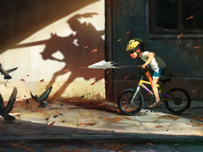 Child on bicycle casts knight shadow