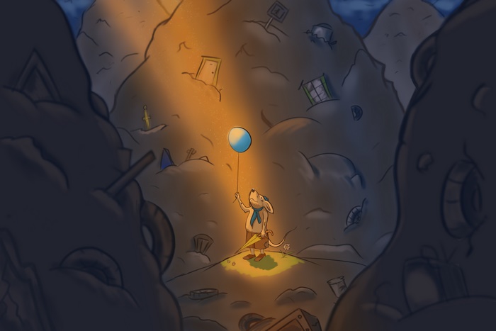 Mouse holding a balloon in a junkyard