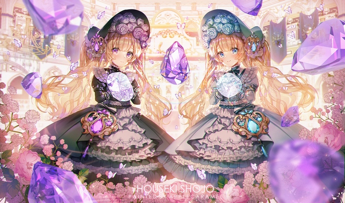 Two anime girls with gems and flowers