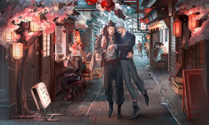 Satoru Gojo and Friends in Vibrant Alley