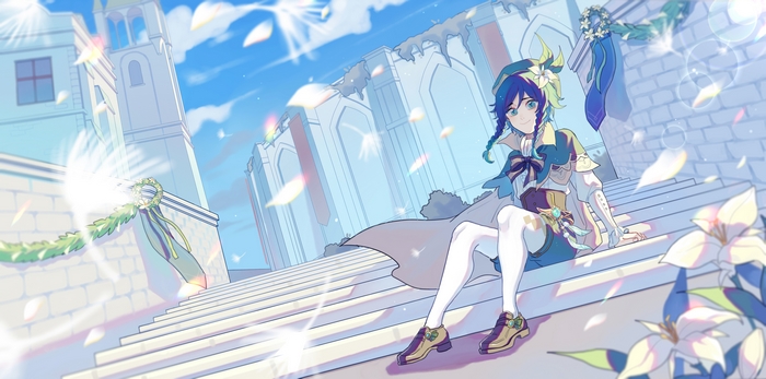Venti from Genshin Impact sitting on stairs