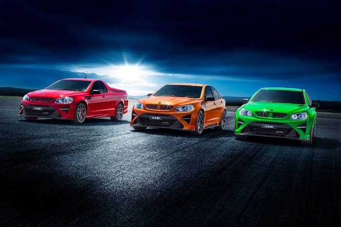 Holden HSV GTSR cars in red, orange, and green