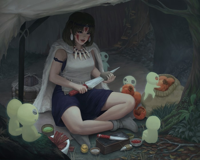 San from Princess Mononoke preparing food with Kodama