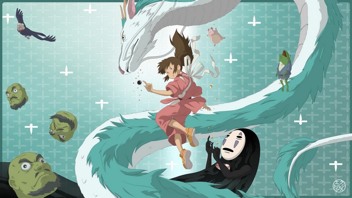 Chihiro and Haku from Spirited Away with No-Face