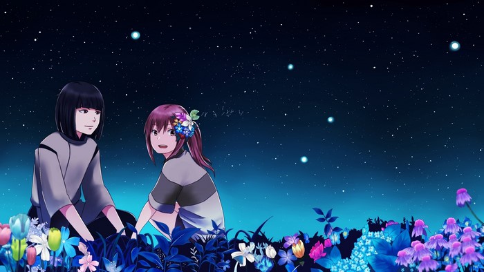 Chihiro and Haku from Spirited Away under the stars