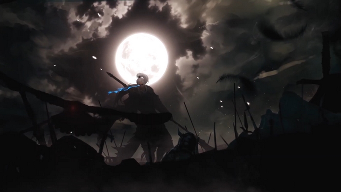 Character with sword under a full moon