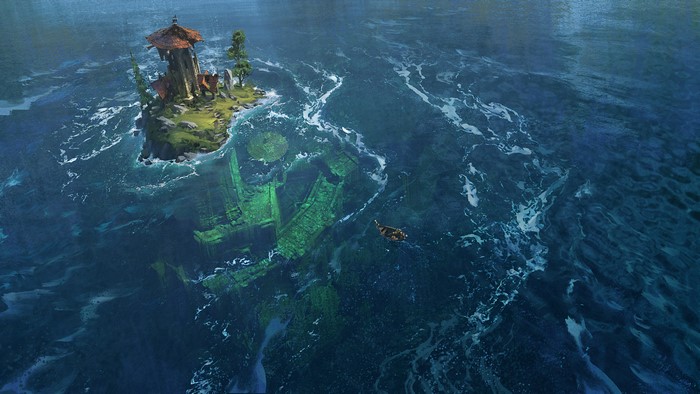 Fantasy island with lighthouse and sunken ship