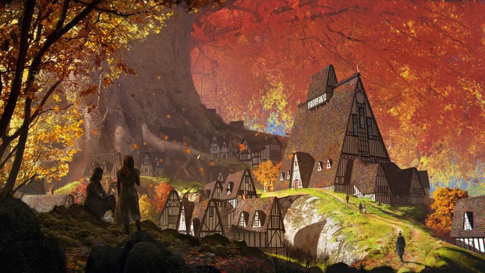 Autumn village nestled in a forest