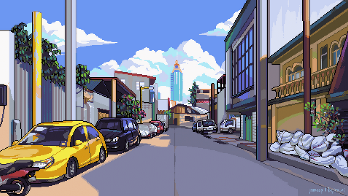 Pixel art street scene with cars and buildings