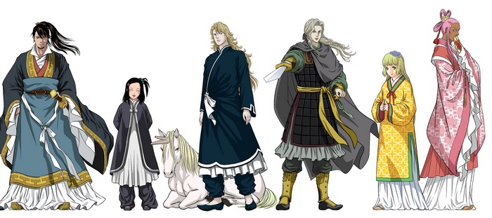 Characters in traditional Chinese attire with a unicorn