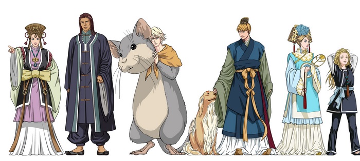 Characters with animals in traditional attire
