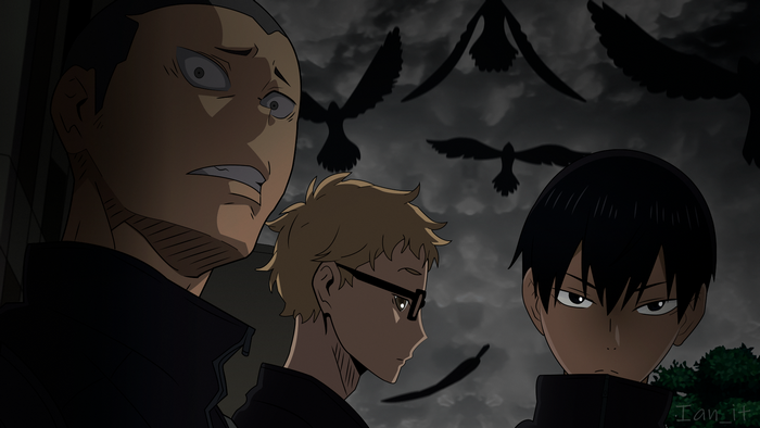 Karasuno High crows with Kageyama, Tsukishima, and Tanaka