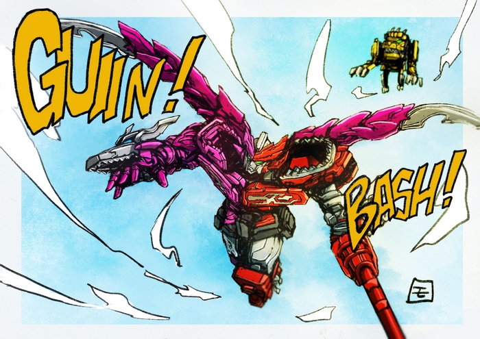 Dragon-like robot with text "GUIN!" and "BASH!"
