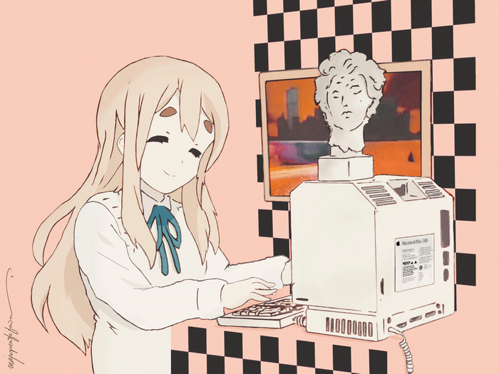 Tsumugi Kotobuki from K-ON! using a Macintosh computer