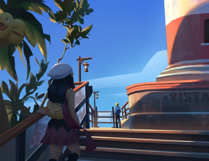 Dawn and Volkner from Pokemon near a lighthouse