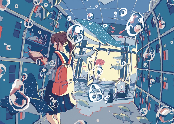 Anime girl at aquarium with whale shark