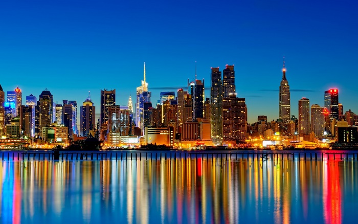 New York City Skyline at Night with Reflections