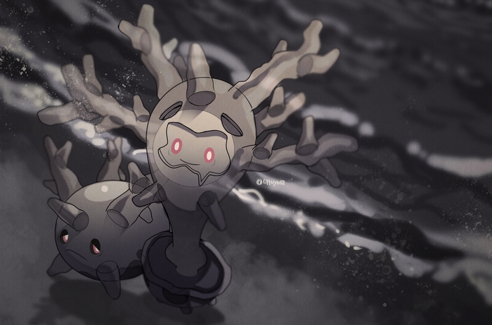 Galarian Corsola and Cursola in dark water