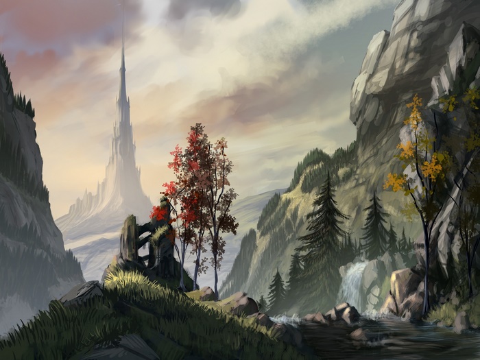 Fantasy landscape with a tall castle and river