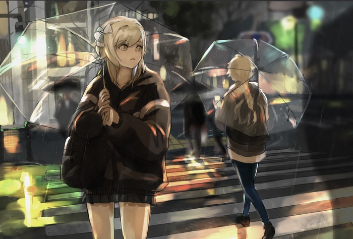 Lumine and Aether from Genshin Impact in the rain