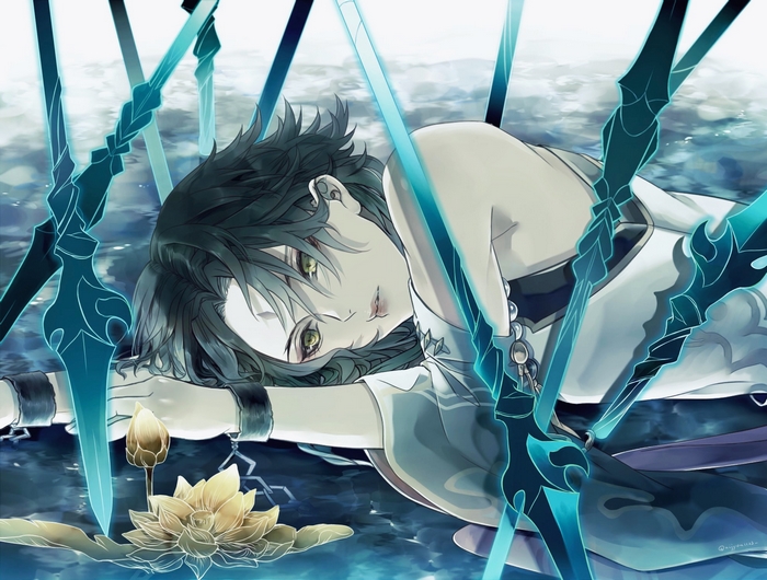 Xiao from Genshin Impact lying in water with glowing weapons