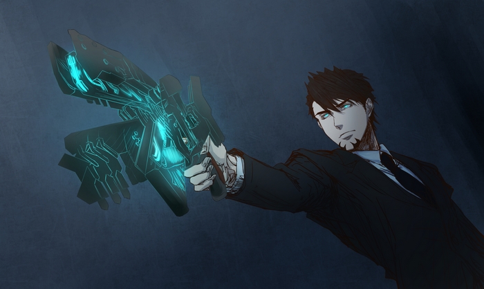 Man in suit holding futuristic weapon