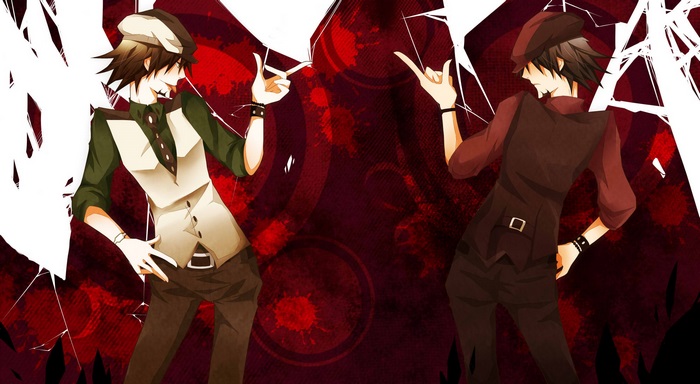 Two anime boys with dark hair and hats