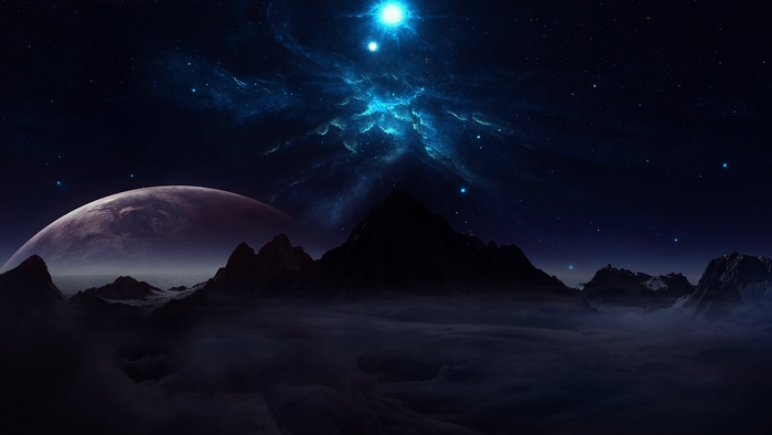 Cosmic lights over mountains with a planet in the sky