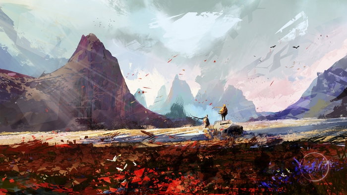 Two travelers in a desolate, mountainous landscape