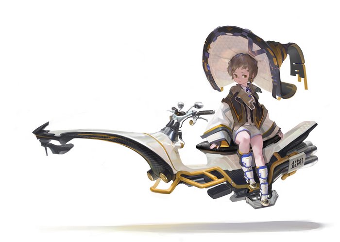 Girl with large hat on futuristic motorcycle 4K