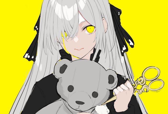 Anime girl with yellow eyes holding a teddy bear and scissors