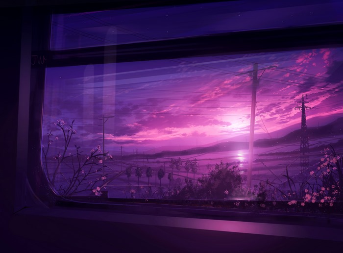 Anime train window view of sunset with power lines