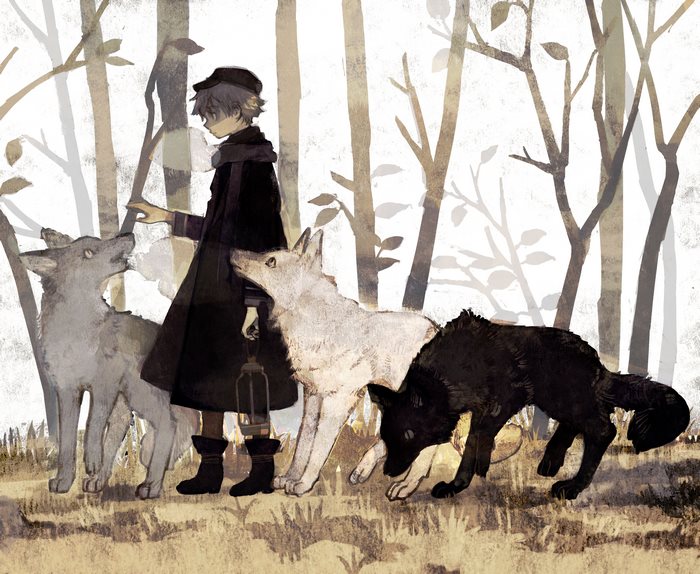 Anime character with wolves in a forest