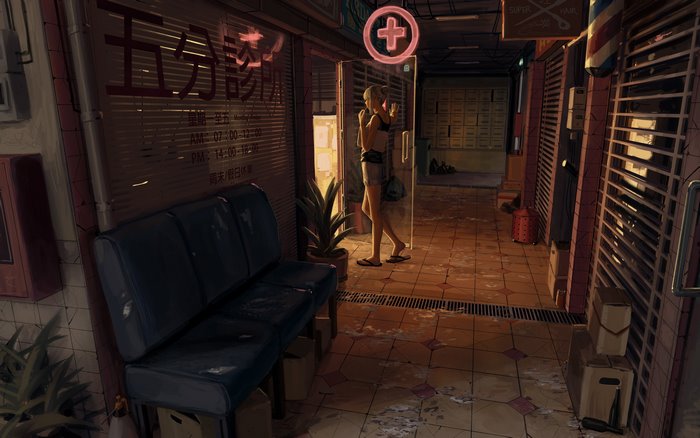 Woman in alleyway with clinic and barber shop