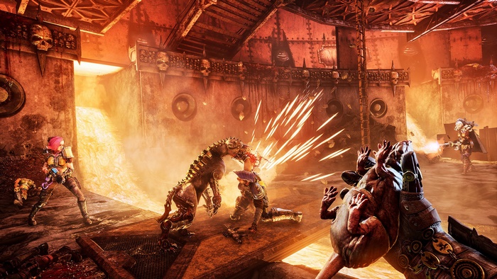 Necromunda: Hired Gun characters fighting a creature