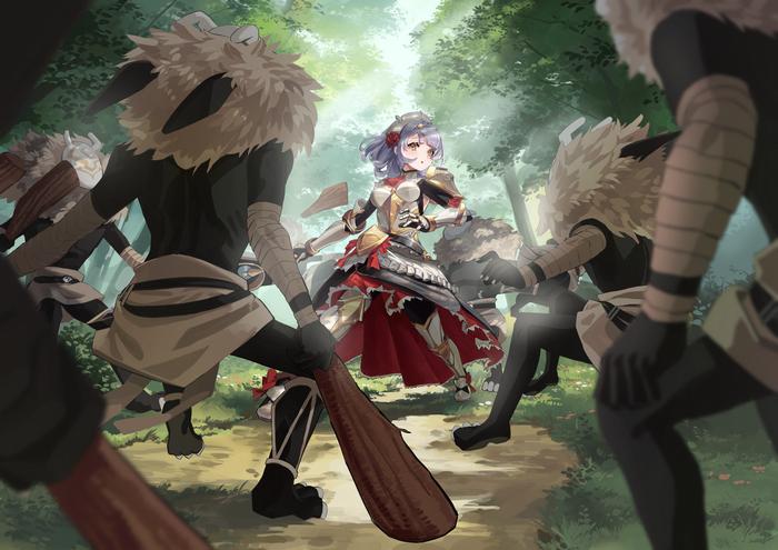 Noelle from Genshin Impact fighting enemies in a forest