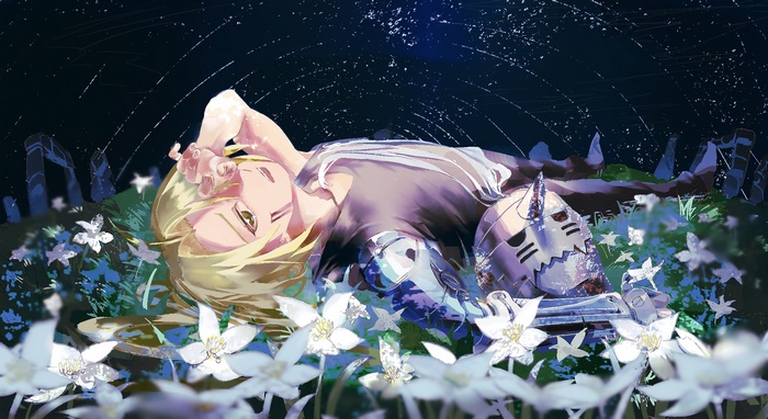 Edward Elric from FullMetal Alchemist lying in a field of flowers