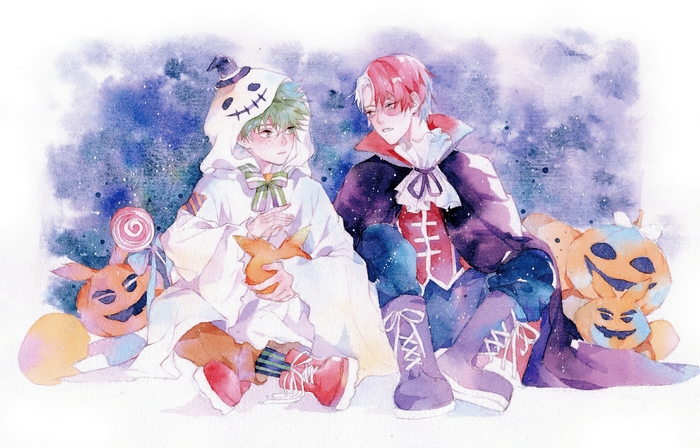 Izuku Midoriya and Shoto Todoroki from My Hero Academia in Halloween costumes