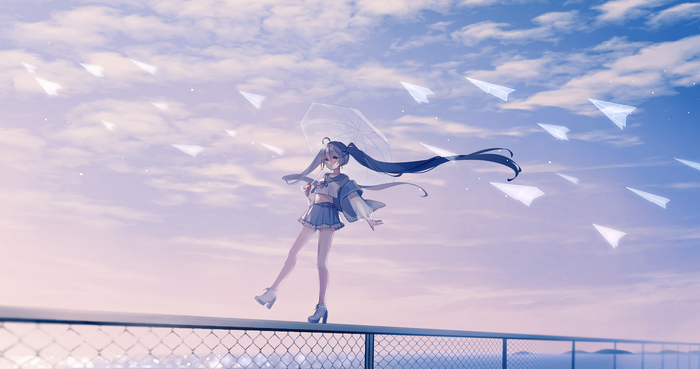 Hatsune Miku with Umbrella and Paper Airplanes