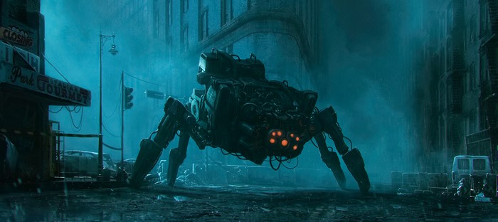Giant mechanical spider in a rainy city street
